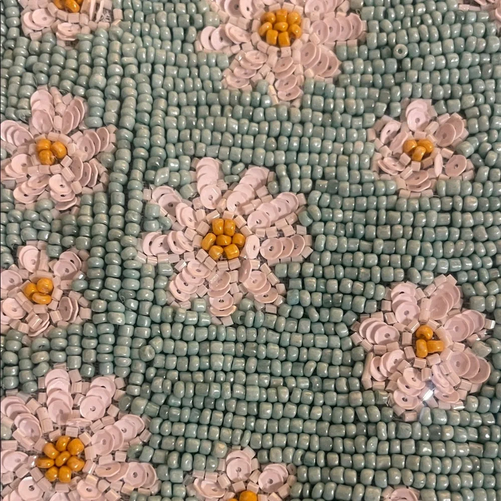 Beaded Denim Daisy Cosmetic Pouch in Mint Green